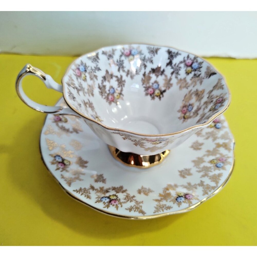 Vintage Queen Anne Wide Mouth Cup & saucer set Gold Chintz with florals
